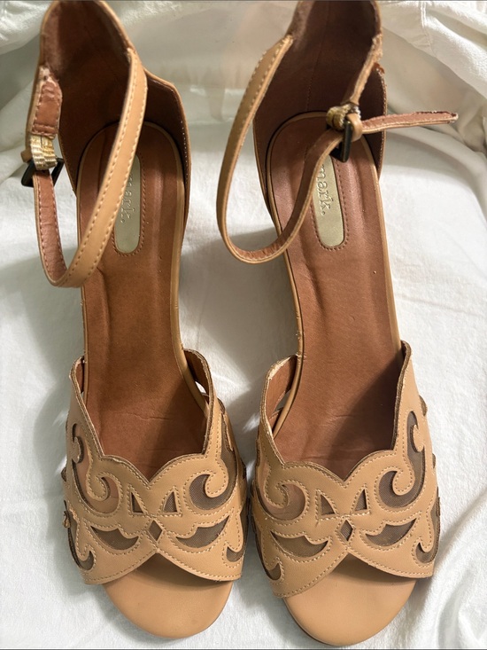 mark. Shoes - Mark. Tan Scalloped Cutout Ankle-Strap Peep-Toe Wedges